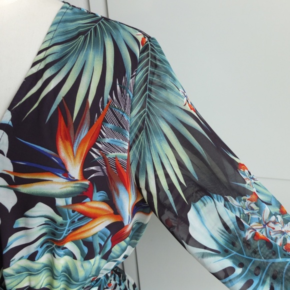 ✨Tropical Print Dress Maxi Surplice Plunge V Neck - Picture 4 of 8